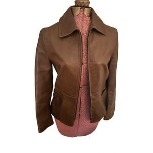 Ann Taylor Genuine Leather Brown Zip Jacket Classic Tailored Size S